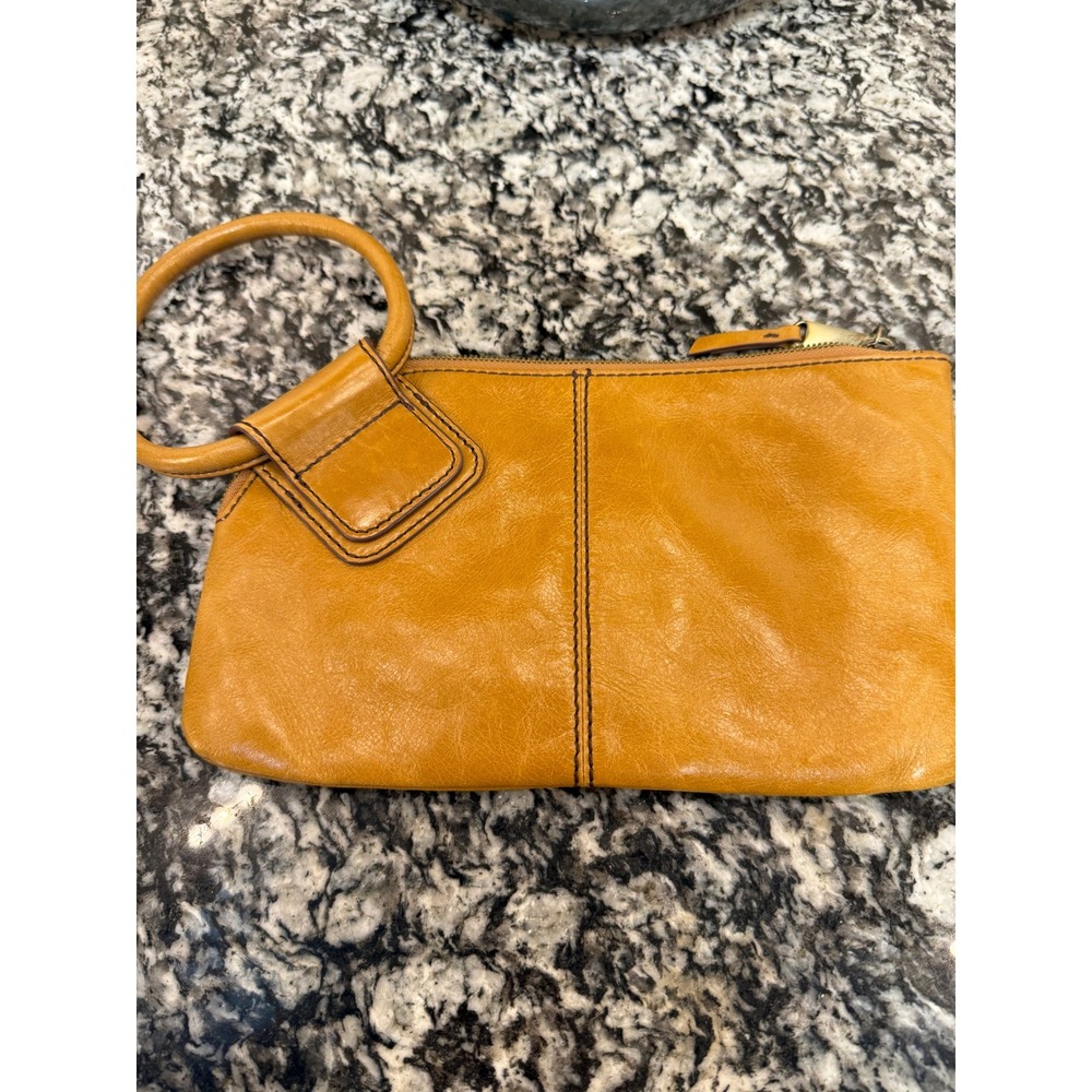 Hobo Sheila Mustard Yellow Leather Ring Handle Wristlet Clutch Bag